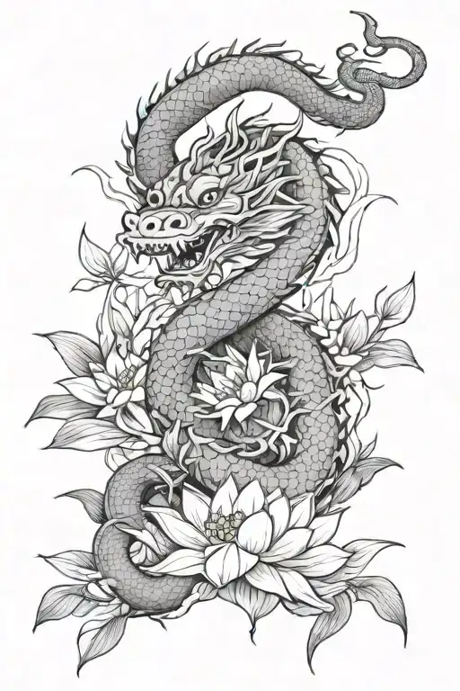 Vietnamese Dragon Wrapping Around Lotus Flower With Bamboos