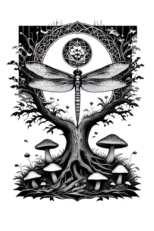 Dragonfly Sacred Geometry Tree And Mushrooms Growing