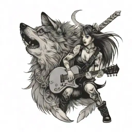 A Fierce Warrior Girl Playing A Guitar With A Wolf By Her Side