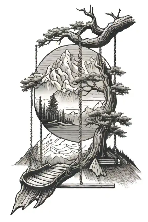 Mountain In A Background And A Swing Hanging From A Tree Branch In Foreground