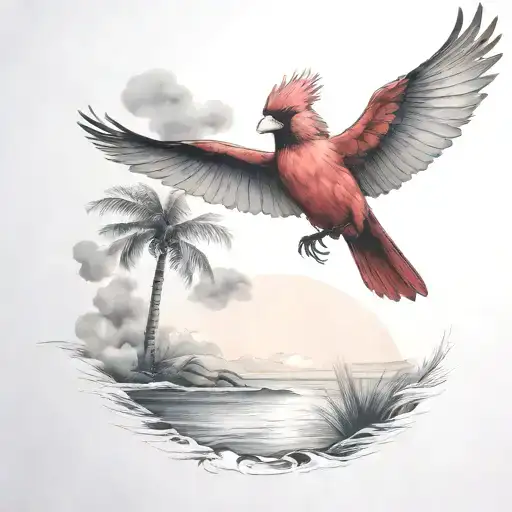 Flying Cardinal To The Ocean And Palm Tree With Clouds