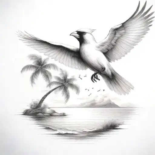 Flying Cardinal To The Ocean And Palm Tree With Clouds