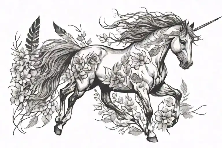 Wild Horse Galloping Through Wildflowers With Indian Feathers In Its Mane
