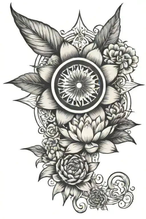 Waterlily Surrounded By Compass With An Open Book Surrounded By Bold Floral