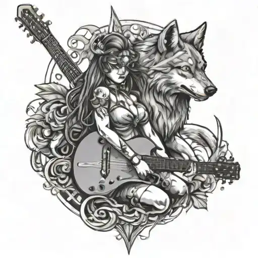 A Fierce Warrior Girl Playing A Guitar With A Wolf By Her Side