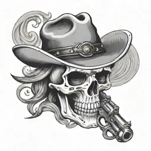 Pretty Little Outlaw Skull Cowboy With Revolver