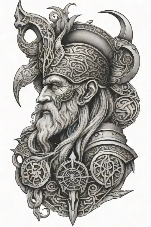Full Sleeve Odin Tattoo Design With Runes Engraved
