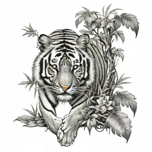 Tiger On Jungle With An Owl In A Tree