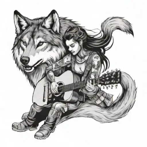 A Fierce Warrior Girl Playing A Guitar With A Wolf By Her Side