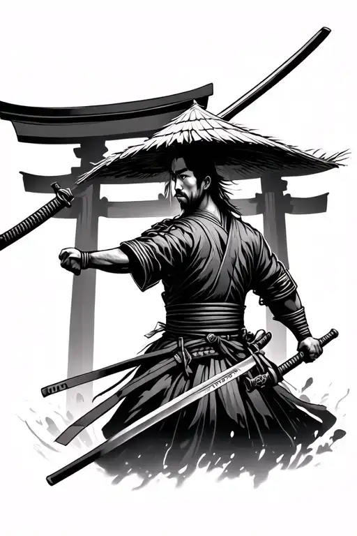 Japanese Ronin Wielding Katana And Wearing Strawhat Back Facing With Torii Gate Behind