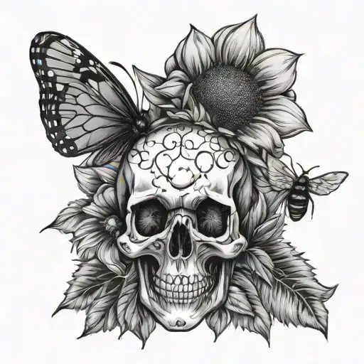 Skull Front View With Sunflower And Bee