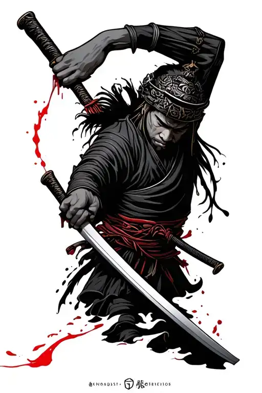 Samurai Wiping Blood Off Katana With Inside Arm