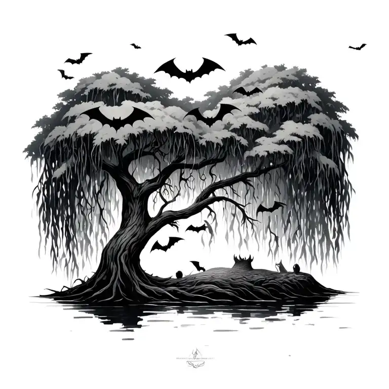 Weeping Willow And Bats Swarming