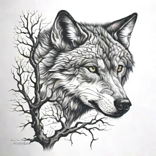 Wolfs Face Blending Into A Single Tree