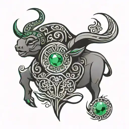 Taurus Tribal Symbol With Emerald Green Gem Inside