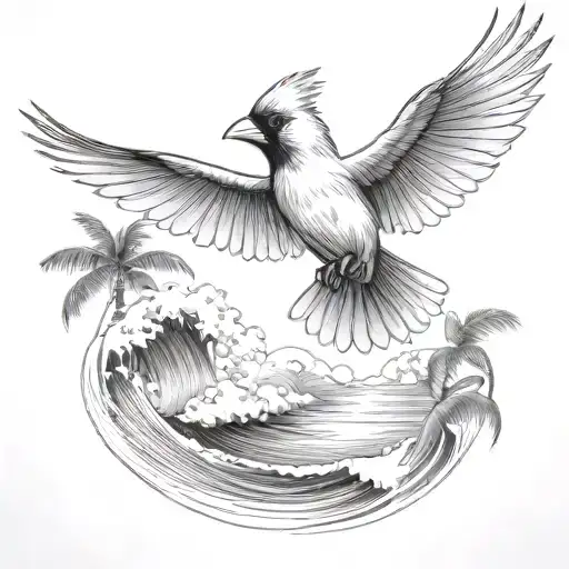 Flying Cardinal To The Ocean And Palm Tree With Waves