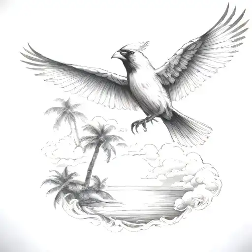 Flying Cardinal To The Ocean And Palm Tree With Clouds