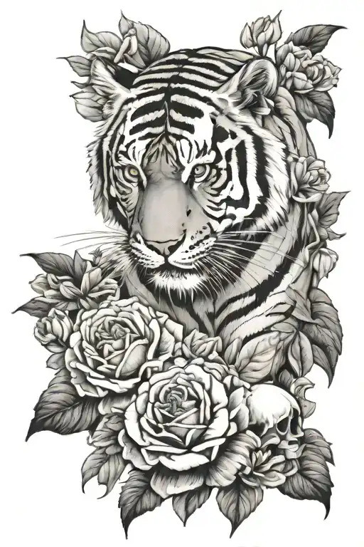 Tiger Climbing With Flowers And A Skull Made