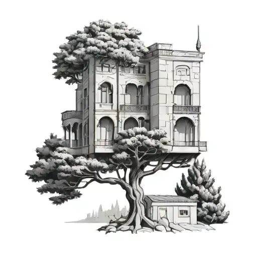 Lebanese Architecture With Cedar Tree