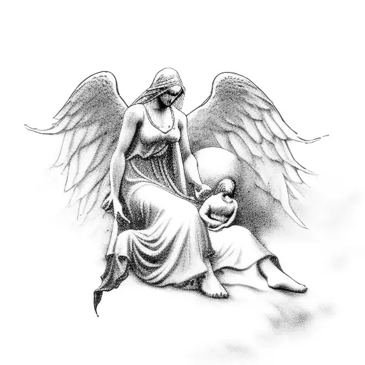 Fantasy Scene Of A Mother Angel Protecting Her Child