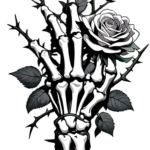 Skeleton Hand Wrapped In Thorns Holding A Rose Intertwined