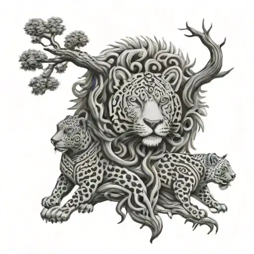 Lebanese Cedar Tree Intertwined With Aztec Jaguar