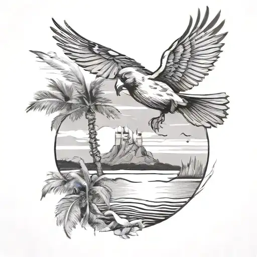 Flying Cardinal And A Beach Scene With Palm