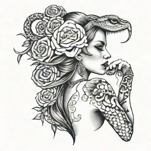 Gangster Girl Side Profile Snake Full Back Tattoo With Roses And Chicano Writing