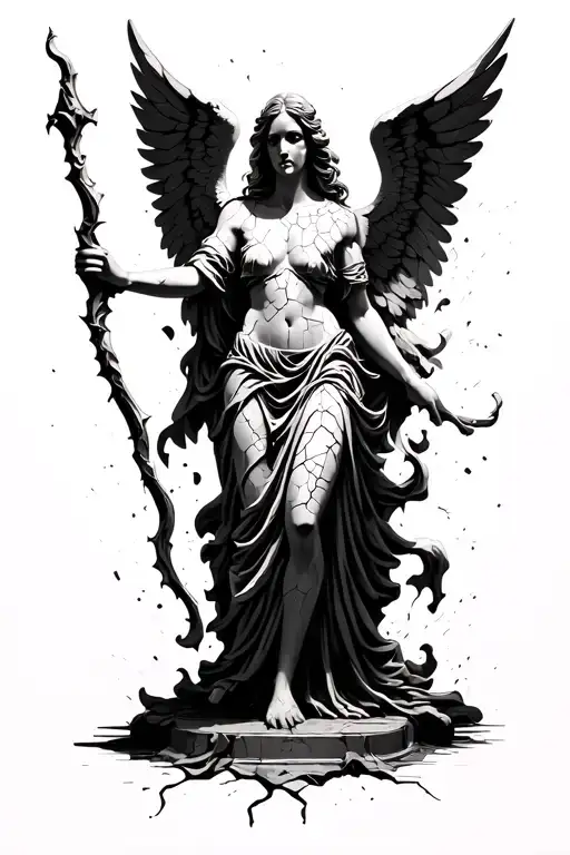 Cracked Fallen Angel Statue Holding A Staff Intertwine With A Shadow Surrounded By 333