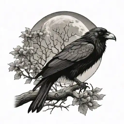 Full Moon Tree Raven Perched