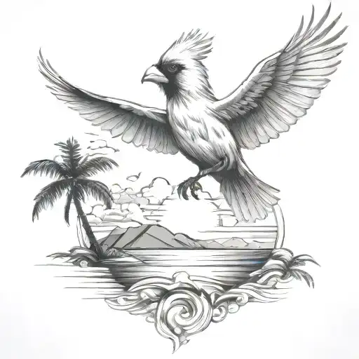 Flying Cardinal To The Ocean And Palm Tree With Sun And Clouds