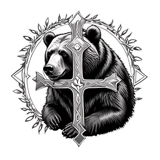 Grizzly Bear And Cross Surrounded Forearm Sleeve