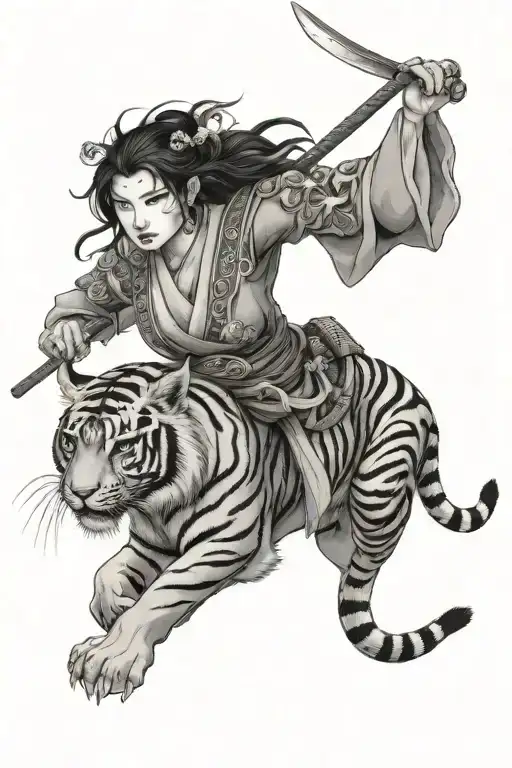 Japanese Samurai Girl And Tiger