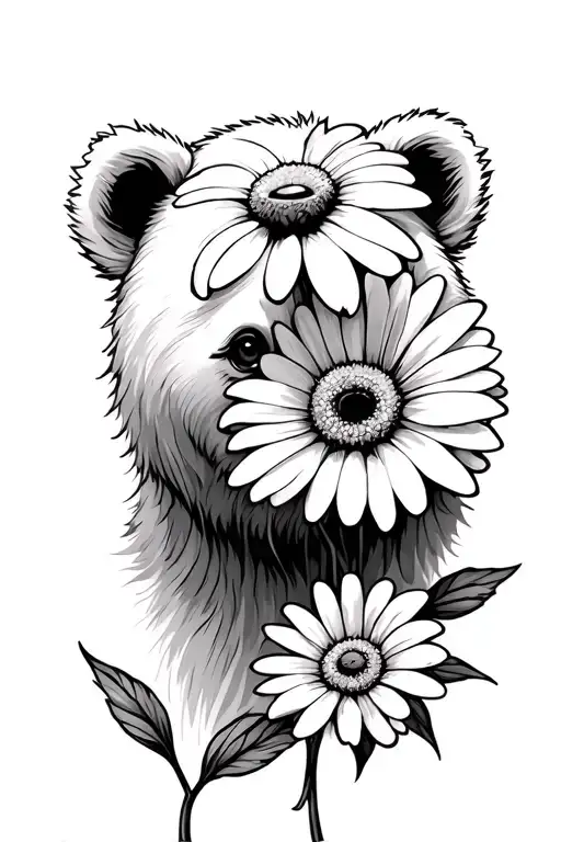 Mama Bear Face And Daisy Flower Blooming