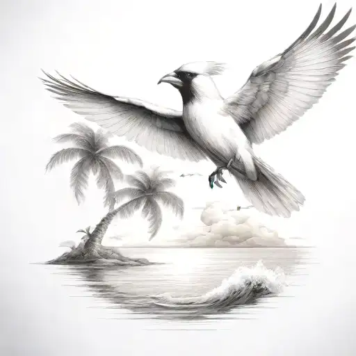 Flying Cardinal To The Ocean And Palm Tree With Clouds