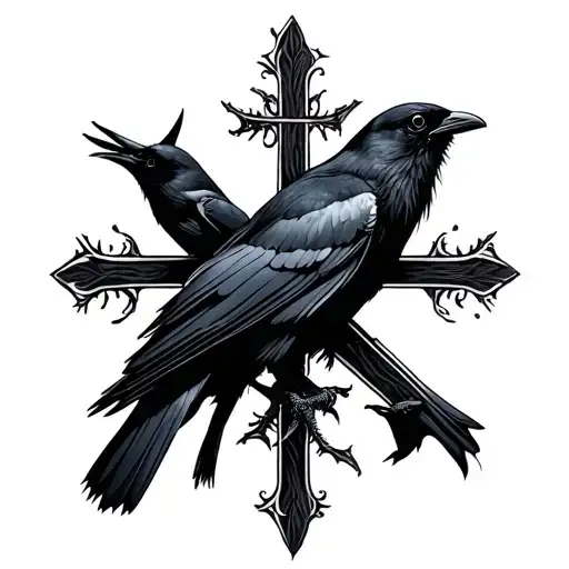 Black Crow On Black Cross With Crows Around It Small