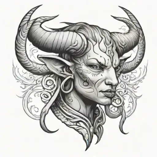 A Womens Face Tattoo With Bull Horns Bahamut Head