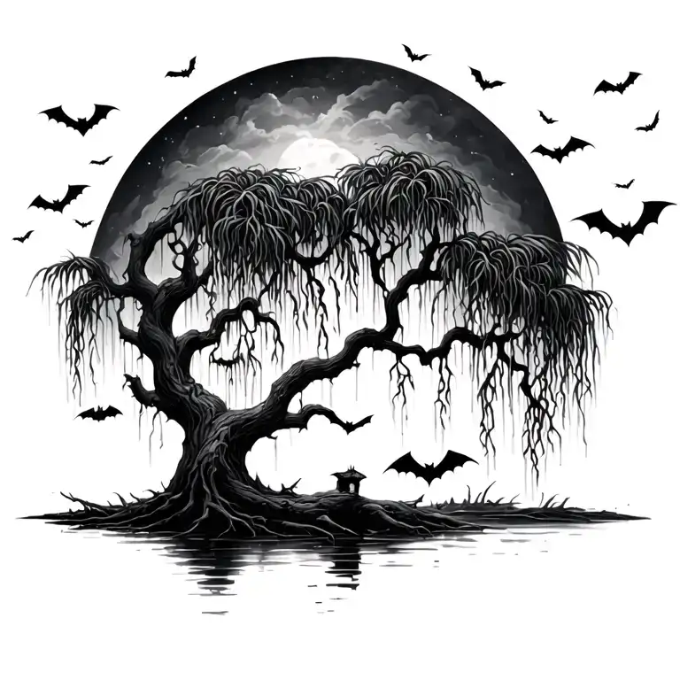 Weeping Willow And Bats Swarming