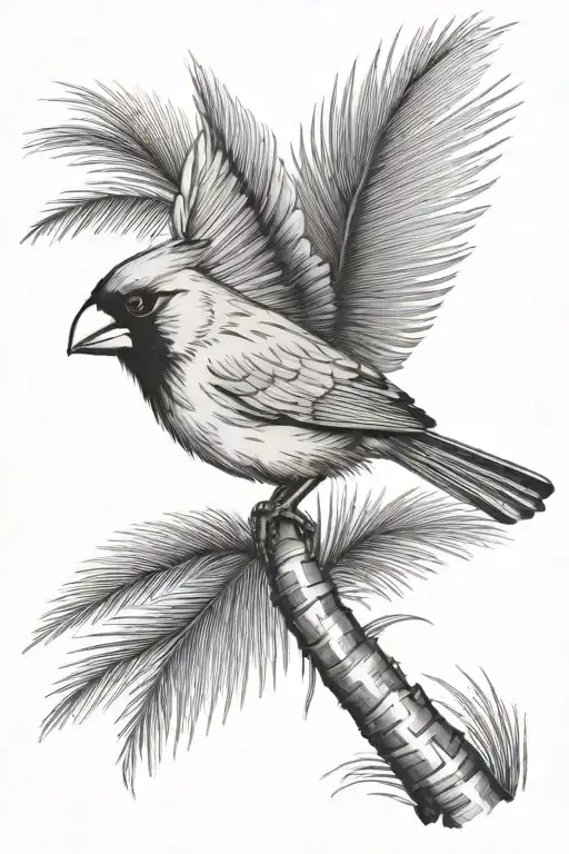 Cardinal Flying Into A Palm Tree