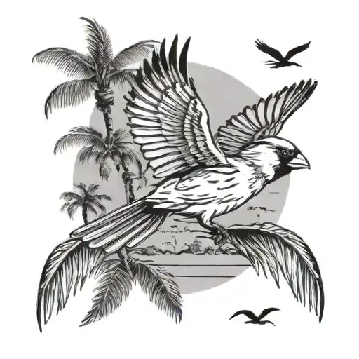 A Black-grey Tattoo Of A Cardinal Bird Flying Over A Field Of Palm Trees