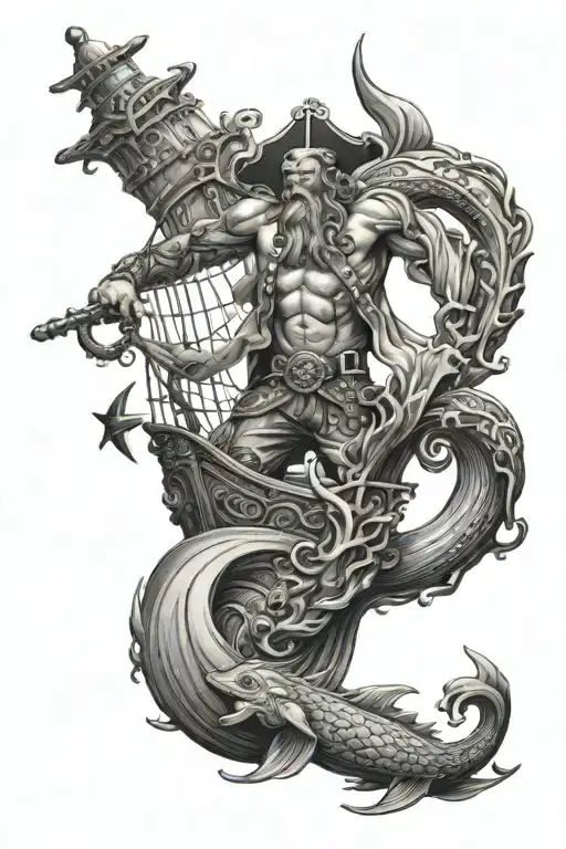 Poseidon Above Pirate Ship With Sea Creatures Swimming