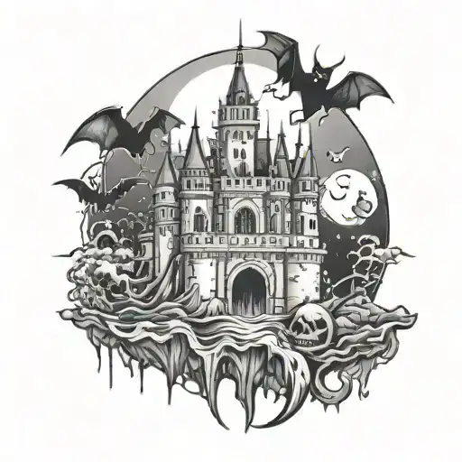 Cyber Sigilism Castle With Bats And Moon