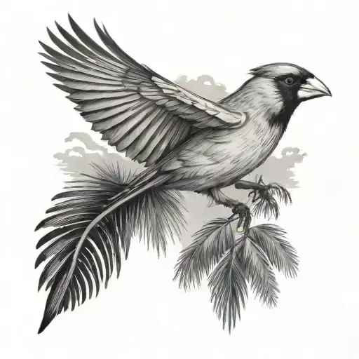 A Black-grey Tattoo Of A Cardinal Bird Flying Over A Field Of Palm Trees