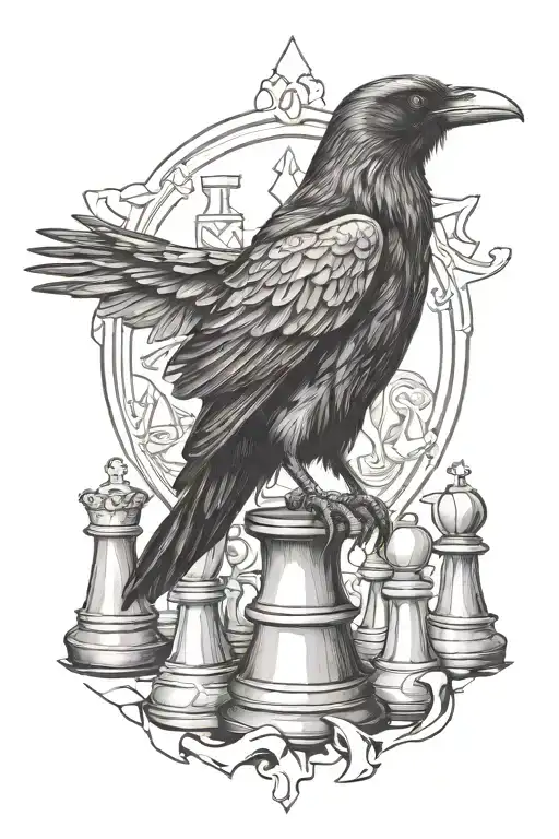 Raven Standing On A Pile Of Chess Pieces
