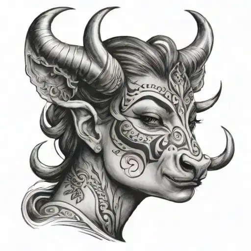 A Womens Face Tattoo With Bull Horns