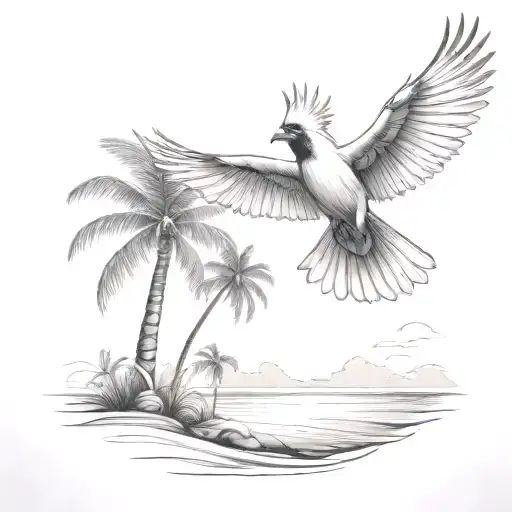 Flying Cardinal To The Ocean And Palm Tree