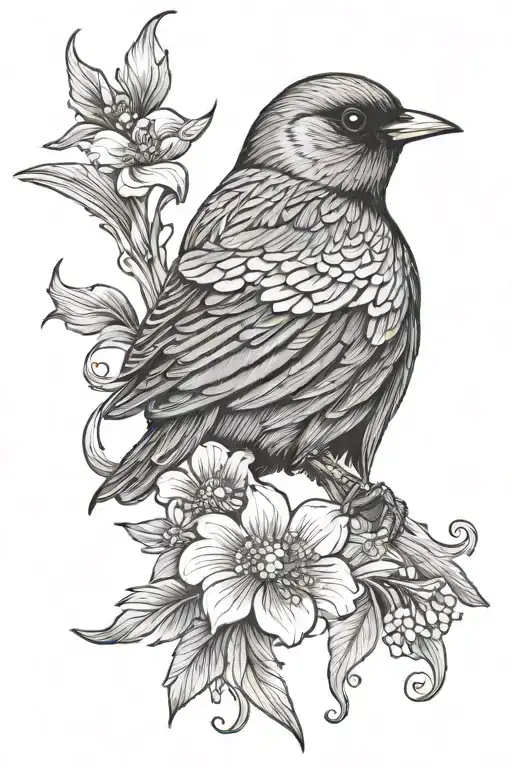 Red Winged Black Bird And Flowers