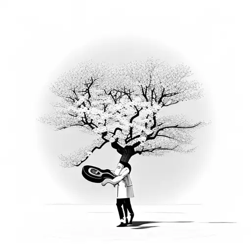 A Relaxing Scene Of A Chef Playing A Guitar Under A Cherry Blossom Tree