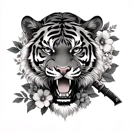 Oldschool Tiger With Olschool Flowers And Olschool Knife