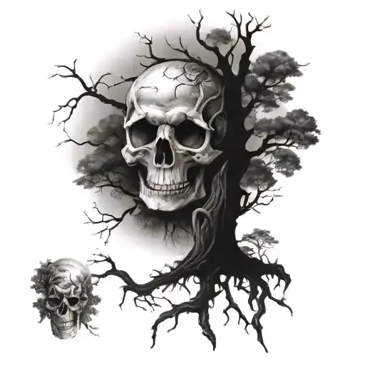 Nature Scene With Intertwining Trees And Skulls Forming A Dark And Mysterious Forest